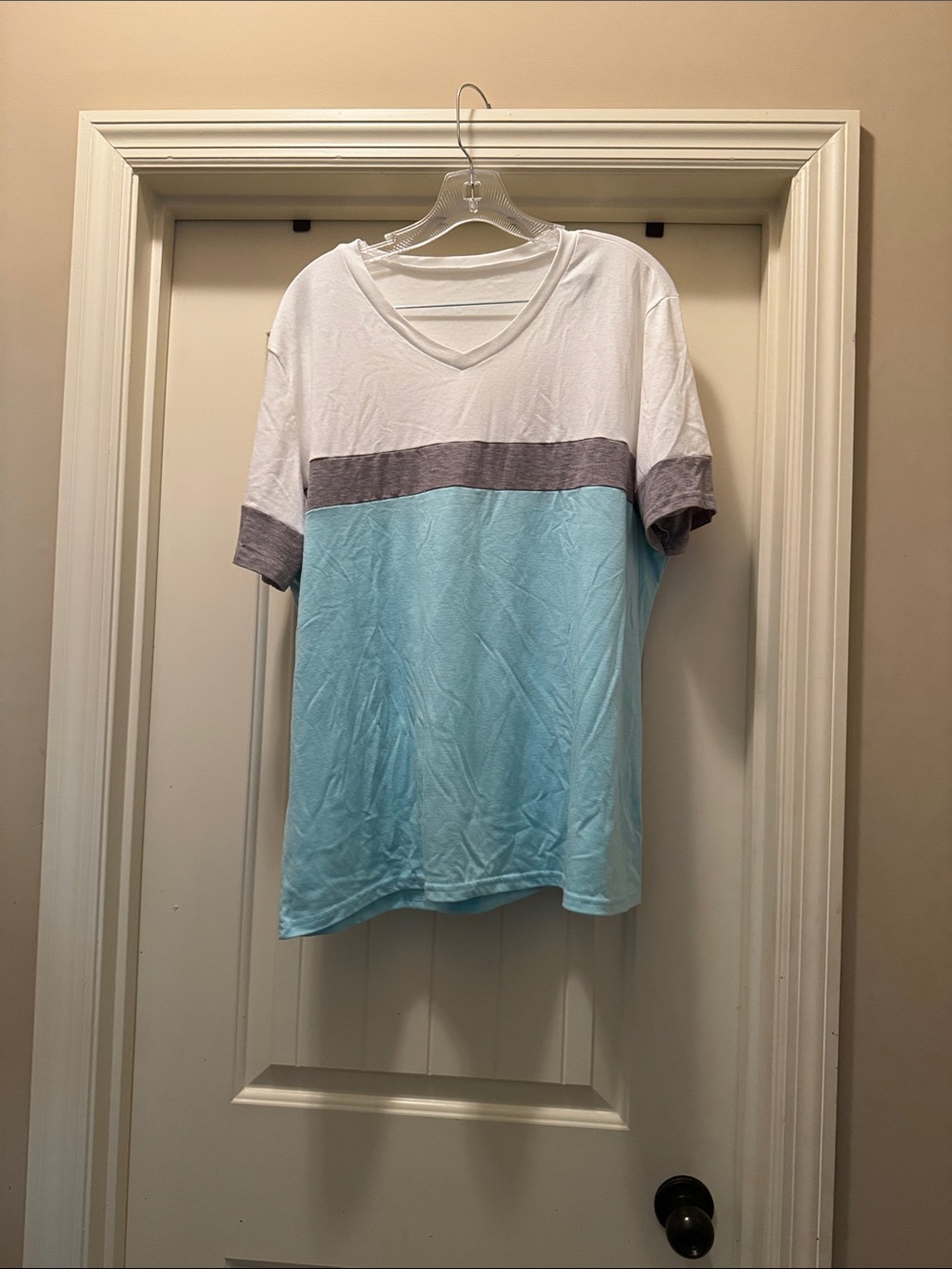 Women’s V-Neck Colorblock Tee - White, Light Blue & Gray Trim